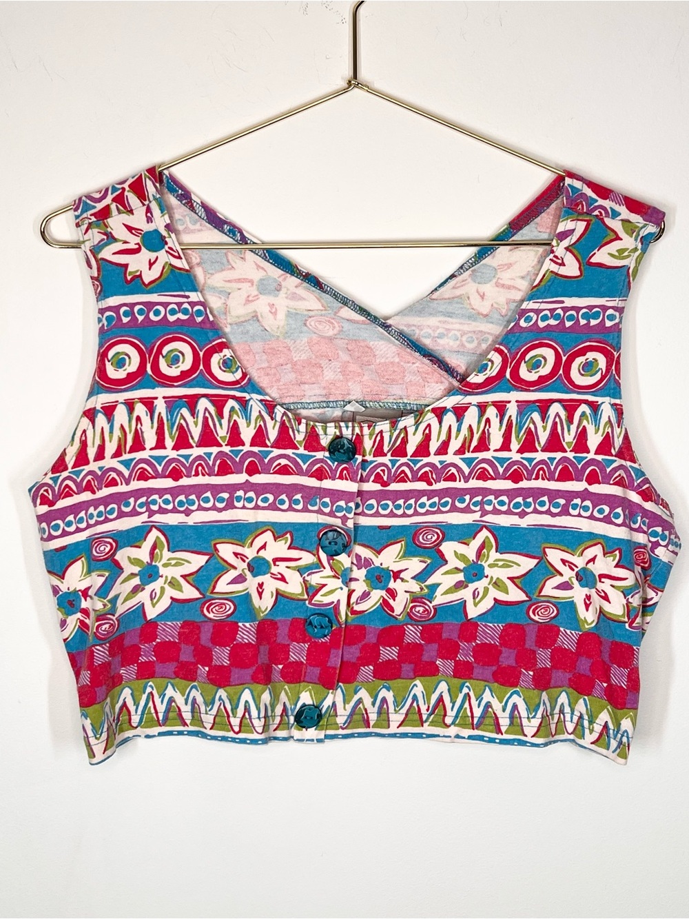 90s OP Ocean Pacific Faux Button Up Beach Artsy Cropped Tank Top Large